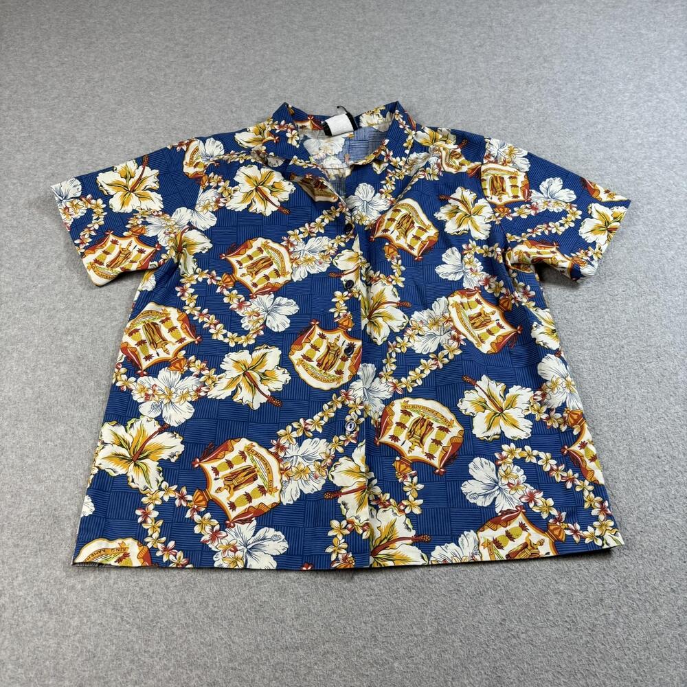 Vintage Hilo Hattie Hawaiian Shirt Woman Large Blue King Kamehameha Floral Hawai